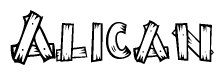 The clipart image shows the name Alican stylized to look as if it has been constructed out of wooden planks or logs. Each letter is designed to resemble pieces of wood.