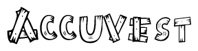 The image contains the name Accuvest written in a decorative, stylized font with a hand-drawn appearance. The lines are made up of what appears to be planks of wood, which are nailed together