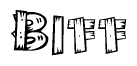 The image contains the name Biff written in a decorative, stylized font with a hand-drawn appearance. The lines are made up of what appears to be planks of wood, which are nailed together