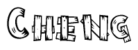 The image contains the name Cheng written in a decorative, stylized font with a hand-drawn appearance. The lines are made up of what appears to be planks of wood, which are nailed together