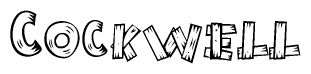 The clipart image shows the name Cockwell stylized to look as if it has been constructed out of wooden planks or logs. Each letter is designed to resemble pieces of wood.