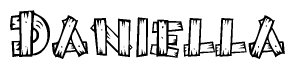 The image contains the name Daniella written in a decorative, stylized font with a hand-drawn appearance. The lines are made up of what appears to be planks of wood, which are nailed together