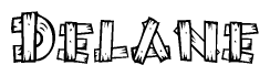 The image contains the name Delane written in a decorative, stylized font with a hand-drawn appearance. The lines are made up of what appears to be planks of wood, which are nailed together