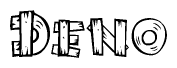 The image contains the name Deno written in a decorative, stylized font with a hand-drawn appearance. The lines are made up of what appears to be planks of wood, which are nailed together