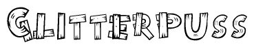 The image contains the name Glitterpuss written in a decorative, stylized font with a hand-drawn appearance. The lines are made up of what appears to be planks of wood, which are nailed together