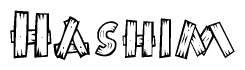 The image contains the name Hashim written in a decorative, stylized font with a hand-drawn appearance. The lines are made up of what appears to be planks of wood, which are nailed together