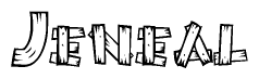 The image contains the name Jeneal written in a decorative, stylized font with a hand-drawn appearance. The lines are made up of what appears to be planks of wood, which are nailed together