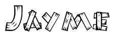 The image contains the name Jayme written in a decorative, stylized font with a hand-drawn appearance. The lines are made up of what appears to be planks of wood, which are nailed together