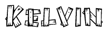 The image contains the name Kelvin written in a decorative, stylized font with a hand-drawn appearance. The lines are made up of what appears to be planks of wood, which are nailed together