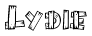 The image contains the name Lydie written in a decorative, stylized font with a hand-drawn appearance. The lines are made up of what appears to be planks of wood, which are nailed together