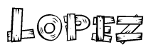 The clipart image shows the name Lopez stylized to look like it is constructed out of separate wooden planks or boards, with each letter having wood grain and plank-like details.