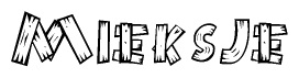 The clipart image shows the name Mieksje stylized to look as if it has been constructed out of wooden planks or logs. Each letter is designed to resemble pieces of wood.