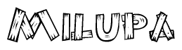 The image contains the name Milupa written in a decorative, stylized font with a hand-drawn appearance. The lines are made up of what appears to be planks of wood, which are nailed together