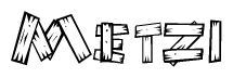 The image contains the name Metzi written in a decorative, stylized font with a hand-drawn appearance. The lines are made up of what appears to be planks of wood, which are nailed together