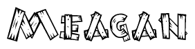 The clipart image shows the name Meagan stylized to look like it is constructed out of separate wooden planks or boards, with each letter having wood grain and plank-like details.