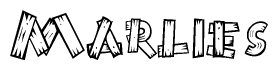 The clipart image shows the name Marlies stylized to look as if it has been constructed out of wooden planks or logs. Each letter is designed to resemble pieces of wood.