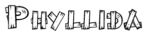 The clipart image shows the name Phyllida stylized to look like it is constructed out of separate wooden planks or boards, with each letter having wood grain and plank-like details.
