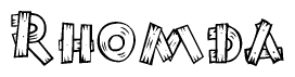 The image contains the name Rhomda written in a decorative, stylized font with a hand-drawn appearance. The lines are made up of what appears to be planks of wood, which are nailed together