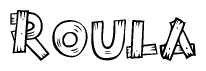The image contains the name Roula written in a decorative, stylized font with a hand-drawn appearance. The lines are made up of what appears to be planks of wood, which are nailed together