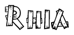 The image contains the name Rhia written in a decorative, stylized font with a hand-drawn appearance. The lines are made up of what appears to be planks of wood, which are nailed together