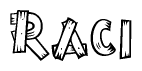 The clipart image shows the name Raci stylized to look as if it has been constructed out of wooden planks or logs. Each letter is designed to resemble pieces of wood.