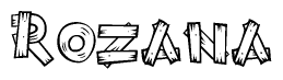 The image contains the name Rozana written in a decorative, stylized font with a hand-drawn appearance. The lines are made up of what appears to be planks of wood, which are nailed together