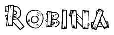 The image contains the name Robina written in a decorative, stylized font with a hand-drawn appearance. The lines are made up of what appears to be planks of wood, which are nailed together
