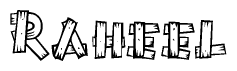 The image contains the name Raheel written in a decorative, stylized font with a hand-drawn appearance. The lines are made up of what appears to be planks of wood, which are nailed together