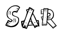 The image contains the name Sar written in a decorative, stylized font with a hand-drawn appearance. The lines are made up of what appears to be planks of wood, which are nailed together