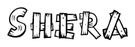 The image contains the name Shera written in a decorative, stylized font with a hand-drawn appearance. The lines are made up of what appears to be planks of wood, which are nailed together