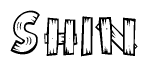 The image contains the name Shin written in a decorative, stylized font with a hand-drawn appearance. The lines are made up of what appears to be planks of wood, which are nailed together