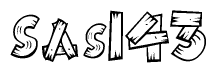 The image contains the name Sas143 written in a decorative, stylized font with a hand-drawn appearance. The lines are made up of what appears to be planks of wood, which are nailed together