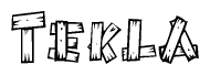 The image contains the name Tekla written in a decorative, stylized font with a hand-drawn appearance. The lines are made up of what appears to be planks of wood, which are nailed together