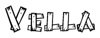 The image contains the name Vella written in a decorative, stylized font with a hand-drawn appearance. The lines are made up of what appears to be planks of wood, which are nailed together