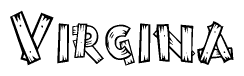 The clipart image shows the name Virgina stylized to look as if it has been constructed out of wooden planks or logs. Each letter is designed to resemble pieces of wood.