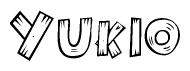 The image contains the name Yukio written in a decorative, stylized font with a hand-drawn appearance. The lines are made up of what appears to be planks of wood, which are nailed together