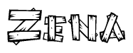 The image contains the name Zena written in a decorative, stylized font with a hand-drawn appearance. The lines are made up of what appears to be planks of wood, which are nailed together