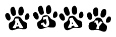 The image shows a series of animal paw prints arranged horizontally. Within each paw print, there's a letter; together they spell Ajay