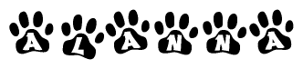 The image shows a row of animal paw prints, each containing a letter. The letters spell out the word Alanna within the paw prints.