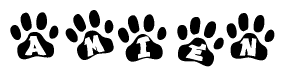 The image shows a series of animal paw prints arranged in a horizontal line. Each paw print contains a letter, and together they spell out the word Amien.