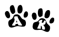 The image shows a series of animal paw prints arranged in a horizontal line. Each paw print contains a letter, and together they spell out the word Ak.