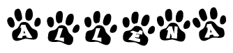 The image shows a row of animal paw prints, each containing a letter. The letters spell out the word Allena within the paw prints.