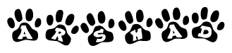 The image shows a series of animal paw prints arranged in a horizontal line. Each paw print contains a letter, and together they spell out the word Arshad.