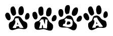 The image shows a row of animal paw prints, each containing a letter. The letters spell out the word Anda within the paw prints.