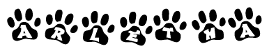 The image shows a series of animal paw prints arranged in a horizontal line. Each paw print contains a letter, and together they spell out the word Arletha.