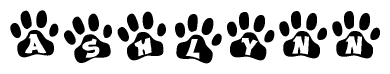 The image shows a series of animal paw prints arranged horizontally. Within each paw print, there's a letter; together they spell Ashlynn
