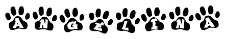 The image shows a row of animal paw prints, each containing a letter. The letters spell out the word Angelina within the paw prints.