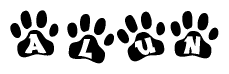 The image shows a series of animal paw prints arranged in a horizontal line. Each paw print contains a letter, and together they spell out the word Alun.
