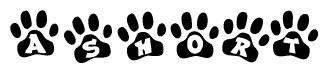 The image shows a series of animal paw prints arranged in a horizontal line. Each paw print contains a letter, and together they spell out the word Ashort.