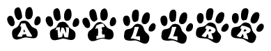 The image shows a series of animal paw prints arranged in a horizontal line. Each paw print contains a letter, and together they spell out the word Awillrr.